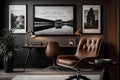 brown leather chair in modern office, surrounded by sleek black and white decor
