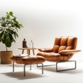 Brown Leather Chair And Small Plant: Dada-inspired Constructions In Serene Ambiance Royalty Free Stock Photo