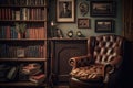 brown leather chair, surrounded by wooden bookshelves and vintage photographs