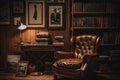 brown leather chair, surrounded by wooden bookshelves and vintage photographs
