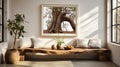 Brown leather chairs and grey sofa in room with fireplace. Mid-century style home