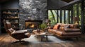 Brown leather chairs and grey sofa in room with fireplace. Mid-century style home