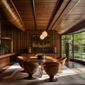 Brown leather chairs at wood dining table in room with abstract wood lining ceiling and paneling walls