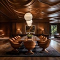 Brown leather chairs at wood dining table in room with abstract wood lining ceiling and paneling walls