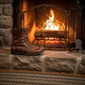 With a brown leather combat boot resting on a stone hearth in front Royalty Free Stock Photo