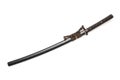 Brown leather cord tie on grip Japanese sword and black scabbard with steel fitting. Royalty Free Stock Photo