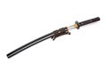 Brown leather cord tie on grip Japanese sword steel fitting and black scabbard. Royalty Free Stock Photo