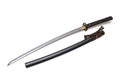 Brown leather cord tie on grip Japanese sword steel fitting and black scabbard. Royalty Free Stock Photo