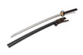 Brown leather cord tie on grip Japanese sword steel fitting and black scabbard. Royalty Free Stock Photo