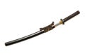 Brown leather cord tie on grip Japanese sword steel fitting and black scabbard on white background. Royalty Free Stock Photo