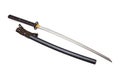 Brown leather cord tie on grip Japanese sword steel fitting and black scabbard on white background.