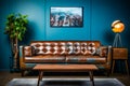 Brown leather couch sitting in living room next to table. Generative AI Royalty Free Stock Photo