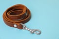 Brown leather dog leash on light blue background, closeup. Space for text Royalty Free Stock Photo