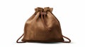 Brown Leather Drawstring Bag - Isolated On White Background