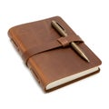 Brown leather journal and pen isolated on white background Royalty Free Stock Photo