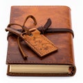 Brown Leather Journal with Tag on White Background Studio Shot Royalty Free Stock Photo