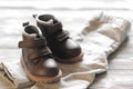 Brown leather kids shoes and denim pants on wood backdrop Royalty Free Stock Photo