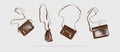 Brown leather ladies bag from different sides on a gray background. Creative background with flying bag. Women`s fashion