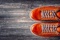 Brown leather boots on wooden background top view with copy space Royalty Free Stock Photo