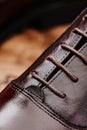 Brown leather men's shoes made of genuine leather in classic style close-up. Royalty Free Stock Photo