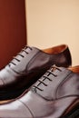 Brown leather men& x27;s shoes made of genuine leather in classic style close-up. Royalty Free Stock Photo