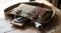 Brown leather messenger bag with essentials Royalty Free Stock Photo