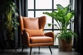 Brown leather mid-century wing chair near potted houseplants against window. Boho home interior design