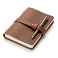 Brown leather notebook with pen isolated on white background Royalty Free Stock Photo