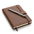 Brown leather notebook with pen isolated on white background Royalty Free Stock Photo