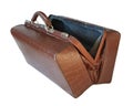 Brown leather old luggage bag open