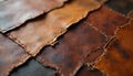 Brown leather patchwork closeup. Distressed worn hide sewn with thread. Surface pattern backdrop of rustic textile. Handmade Royalty Free Stock Photo