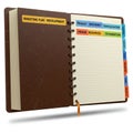 Brown leather planner open to a tabbed section. Tabs are labeled Royalty Free Stock Photo