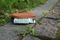 Brown leather purse on pavement outdoors, closeup. Lost and found