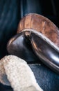 Brown leather saddle and equestrian sport equipment and accessories Royalty Free Stock Photo