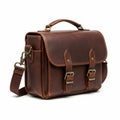 Brown leather satchel with a structured, rectangular design. Features a top handle, an Royalty Free Stock Photo