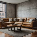 Brown leather sectional couch with a round coffee table in a living room with a concrete wall Royalty Free Stock Photo