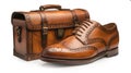 Brown leather shoes and suitcase isolated Royalty Free Stock Photo