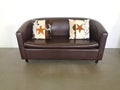 Leather sofa, brown,  with two decorative pillows on a beige-brown floor in front of a white wall. Royalty Free Stock Photo