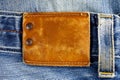 Brown leather tag on blue jeans Royalty Free Stock Photo