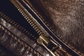 Brown leather texture and metal zipper . Fragment of leather jacket Royalty Free Stock Photo