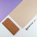 Brown leather travel purse where you can hold passport, money, boarding pass etc., top view. Royalty Free Stock Photo