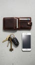 Brown leather wallet with a button closure is open, revealing cards inside. Below it, a Royalty Free Stock Photo