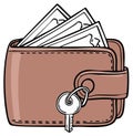 Brown leather wallet with cash and a key attached Royalty Free Stock Photo