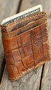 A brown leather wallet containing a 5 dollar bill inside Royalty Free Stock Photo