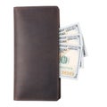 Brown leather wallet with dollars banknotes isolated on white Royalty Free Stock Photo