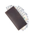 Brown leather wallet with dollars banknotes isolated on white Royalty Free Stock Photo