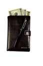 Brown leather wallet with the dollars isolated on white Royalty Free Stock Photo