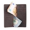 Brown leather wallet with euro and dollars banknotes isolated on white Royalty Free Stock Photo