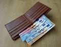 Brown leather wallet with Euro European paper money banknotes Royalty Free Stock Photo