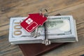 Brown leather wallet with one hundred dollar bills on wooden table. Top view Royalty Free Stock Photo